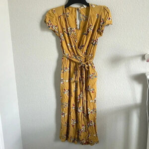 Francesca’s Mi Ami Jumpsuit Mustard Yellow Floral Cropped Wide Leg